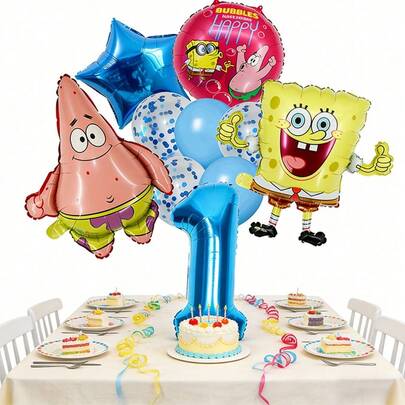 SpongeBob SquarePants 10pcs & Birthday Balloon Set, Custom 1-9 Blue Number Foil Balloons With Star & Confetti Latex Balloons, For Kids Ocean Themed Party Decor
