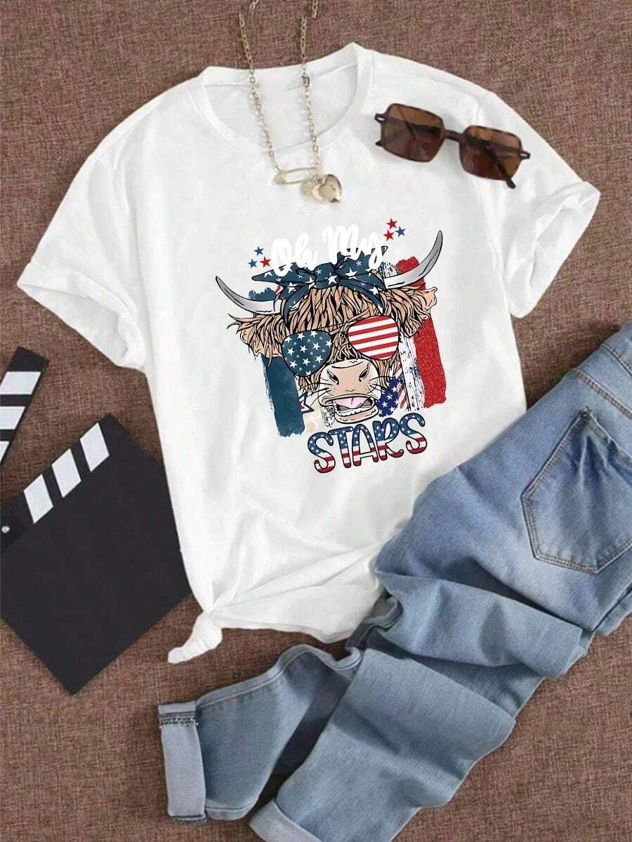 Camiseta suelta de mujer con bandera americana impresa Bullhead con gafas - Blanco - Ver 1
