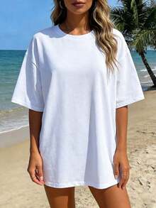 Women's Loose-Fitting T-Shirt With Cherry Print, Off-The-Shoulder Design, Short Sleeves, Round Neck, Urban Vintage Style, Unisex, Cotton, Short Sleeves, Round Neck, Women's Blouses, Women's T-Shirts, Casual Blouses For Ladies. - 白色 - 查看 2