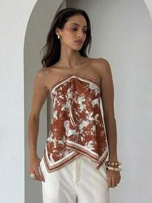 Blusa de mujer elegante con cuello de halter, estampado de tinte anudado y gasa para vacaciones en la playa - Marrón - Ver 5