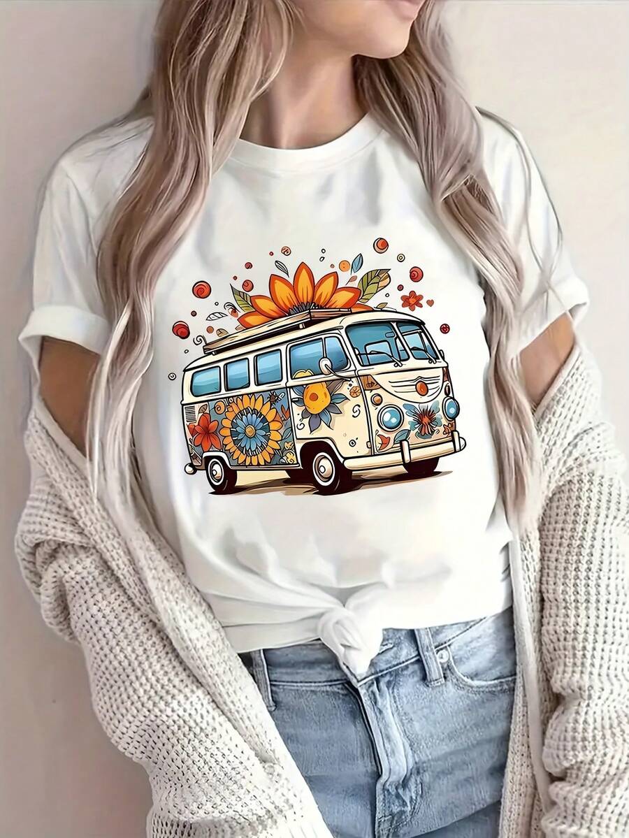 1 camiseta casual de manga corta para mujer, estampado floral vintage colorido de Van - top de verano con cuello redondo, ropa casual transpirable y lavable a máquina, camiseta linda, top para todas las estaciones, camisa estilo hippie, camiseta de tela suave 180g 100% algodón. - Blanco - Ver 1