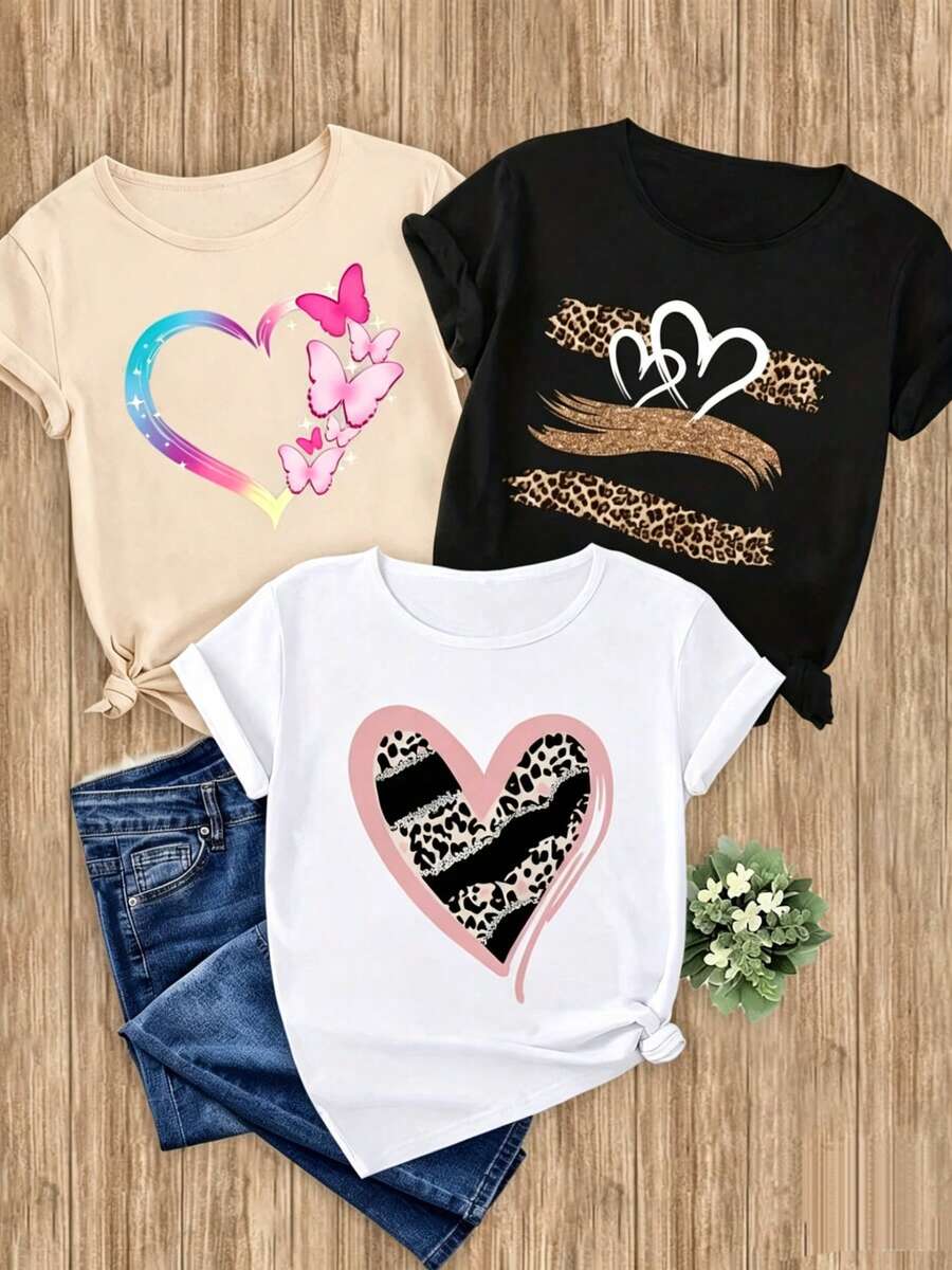 Paquete camisetas estampadas mujer corte recto manga corta Prenda individual, no un conjunto de 3 piezas, 1 piezas/set de camisetas de manga suitable for streetwear, Top oversized cuello redondo daily outings, camping, concerts, hip-hop, rock, and rap events redondo tshirt playera dama gráfico diseño urbano universitario ciudades Nueva York NYC conejo - Negro - Ver 1