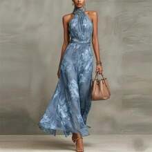 2026 European And American Women's Fashion Bodycon Mesh Printed Dress With Irregular Slit And Pleats, Sexy Strapless Long Dress - 淺藍色 - 查看 5