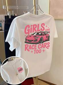 Short-Sleeved T-Shirt With Design On The Front And Back - Love Race Cars, With A Stylish Pink Car Print - A Spring And Summer T-Shirt For Women, A Fashionable Summer Item. - White - View 1
