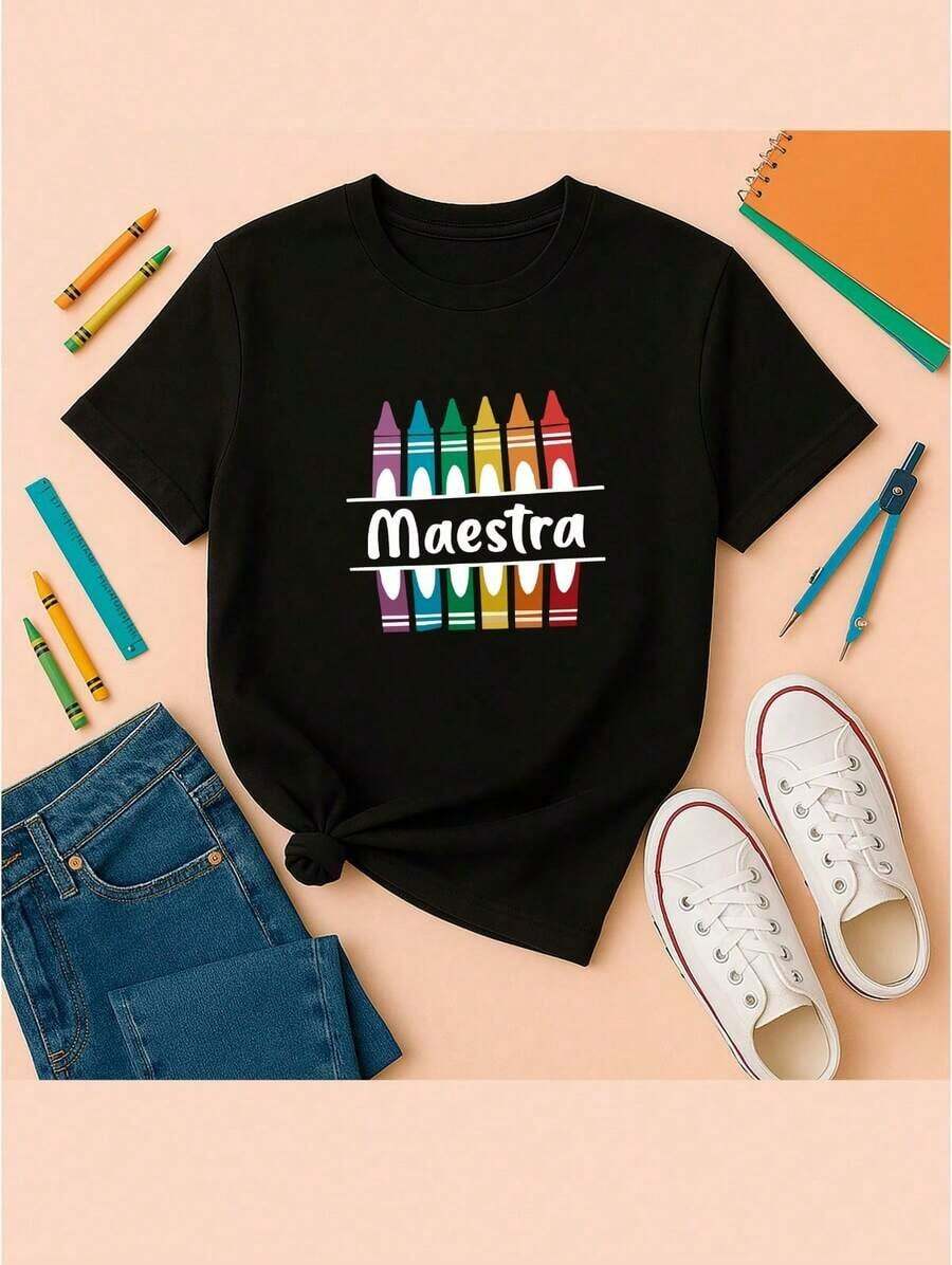 Women's Casual T-Shirt, Simple And Versatile, With Crayon Print For Teacher's Day, Short Sleeve And Round Neck, Suitable For Spring And Summer Wear, Ideal For Everyday Use, At Home And In The Office. - 黑色 - 查看 1