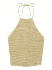 Women's Sleeveless Cropped Camisole, Backless Drawstring Knit Tank Top, Versatile For Commuting, Shopping, Vacation, Apricot Summer - Apricot - View 5
