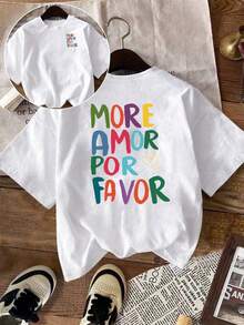 Áo thun tay ngắn cổ tròn màu trắng size lớn, in chữ và hình trái tim màu dopamine trước sau, phong cách casual đi làm mùa hè - trắng - Xem 1