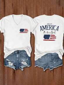 Women's Casual Summer T-Shirt, Cotton, Short Sleeve, With Letter And American Flag Print, V-Neck, Suitable For Casual Daily Wear - 酒紅色 - 查看 7