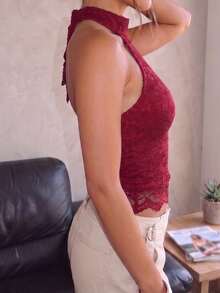 Top de Encaje con Cuello Halter, Top Corto de Verano con Lazo en la Espalda para Mujeres - Rojo - Ver 5