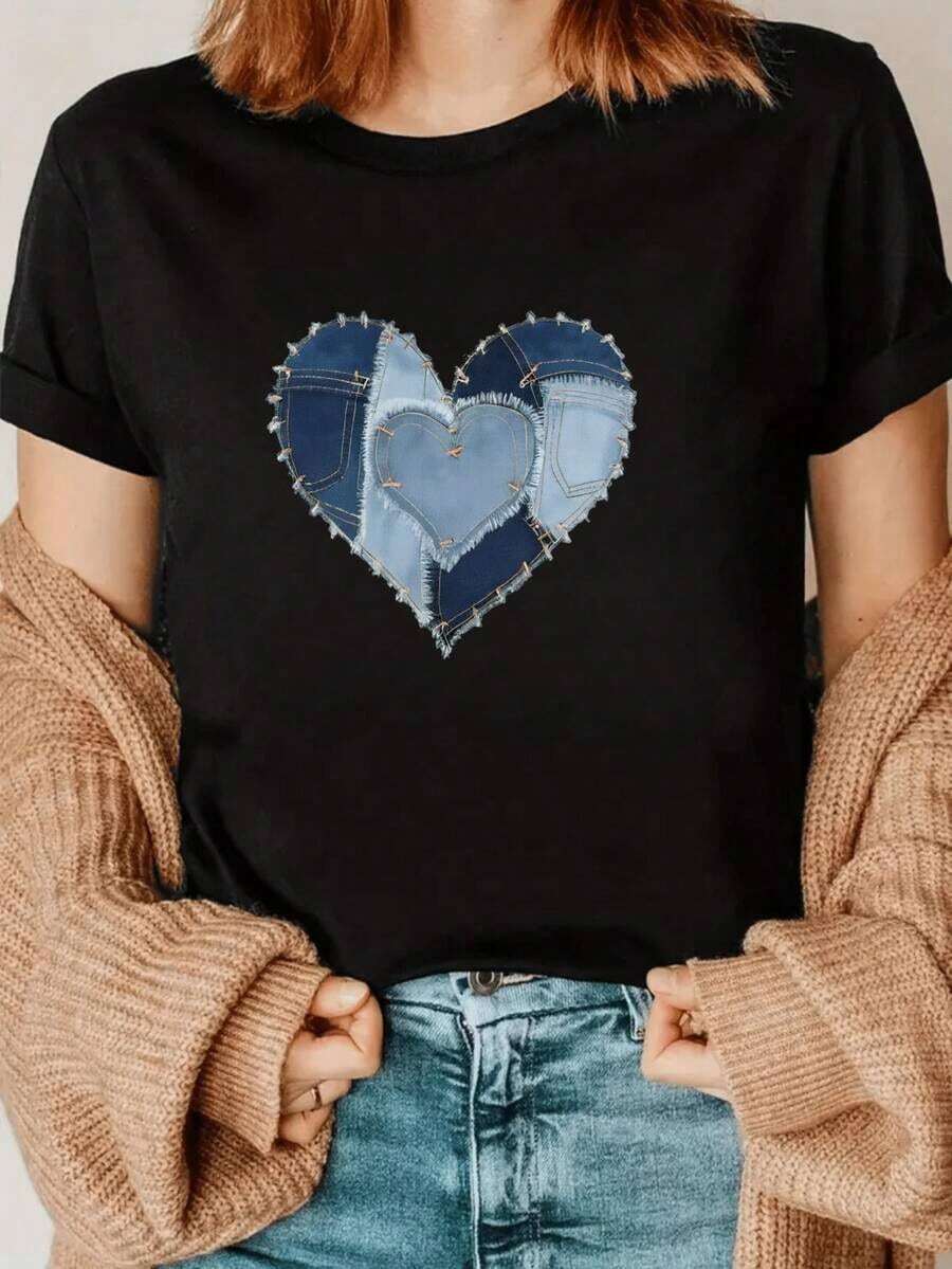 Mujer Camiseta Blanca con Corazon de Jeans Estampado Cuello Redondo Informal para Verano Moda Casual para Mujereswoman Todo tipo de impresiones, chaqueta, camiseta de cuello redondo, casual, para oficina, para viajar, muy popular, viento deportivo, estampado/patrón, camiseta de algodón 100%, camiseta casual, cómoda, suave, transpirable The latest popular bestseller - Negro - Ver 1