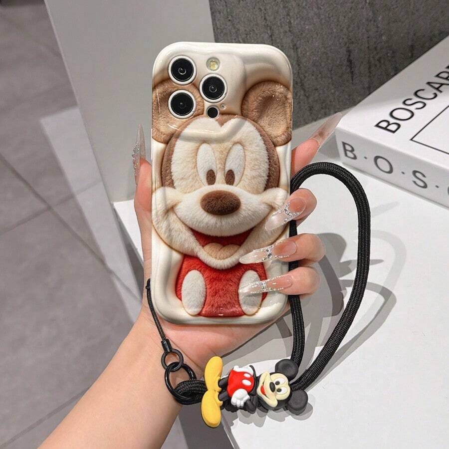 Disney Mickey Mouse Clubhouse Phone Case : 3D Fluffy Pattern Border Protector Phone Soft Phone Case With A Free Cute Mickey Bracelet Chain Lanyard, Mickey, Minnie, Goofy, Donald Duck, Daisy Duck, Pluto, For Apple 17 Promax 17 Pro 16 15 14 13 12 11 Pro Max XS Max X XR Soft Cover Summer Phone Case - 白色 - 查看 1