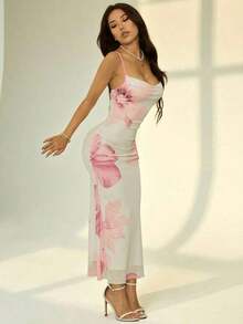 Vestido con tirantes de escote bajo y estampado floral rosa para estilizar la figura de mujer.Conjunto elegante y sexy para las vacaciones de verano - Rosa 2 - Ver 7