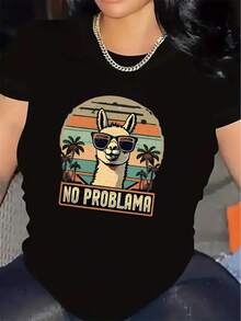 OversizeCamiseta de manga corta de poliéster, con un divertido diseño de alpaca, adecuada para uso casual en restaurantes; tela ligera y duradera, ajuste cómodo ideal para atuendos casuales diarios; un regalo perfecto para amantes de la moda y el humor que adoran a los animales. - Negro - Ver 6