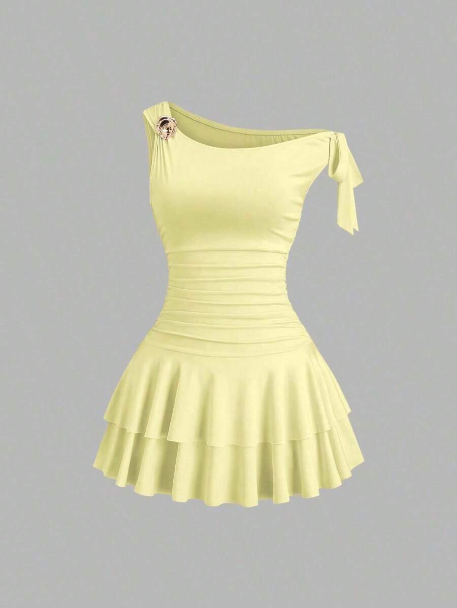 elegante sin mangas con decoración de flores metálicas, rosa - amarillo ganso - Ver 1