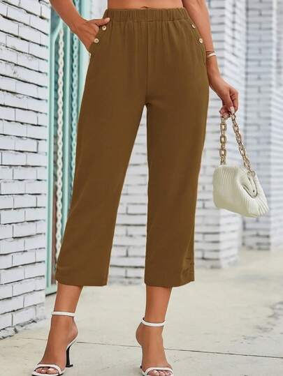 Pantalones casuales y versátiles de uso diario con pliegues de unicolor para mujer