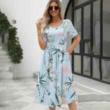 Vestido elegante con estampado y cuello redondo, manga corta y cremallera para mujer, nueva moda de verano 2024 para Europa y Estados Unidos. - Azul - Ver 1