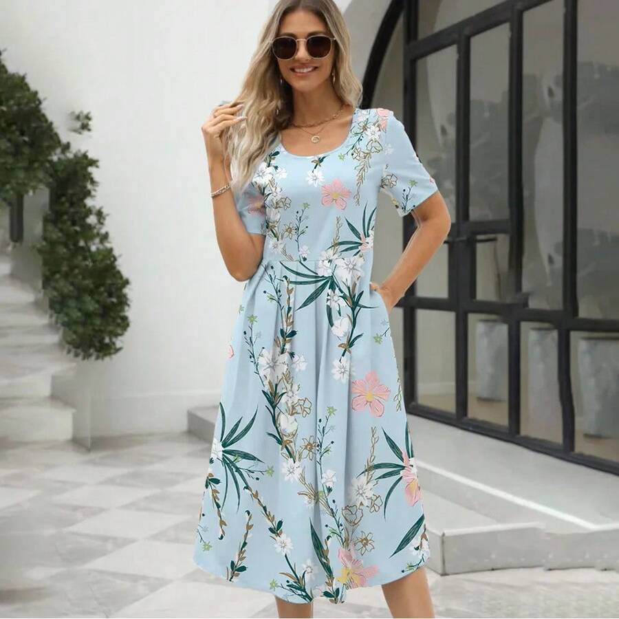 Vestido elegante con estampado y cuello redondo, manga corta y cremallera para mujer, nueva moda de verano 2024 para Europa y Estados Unidos. - Azul - Ver 1