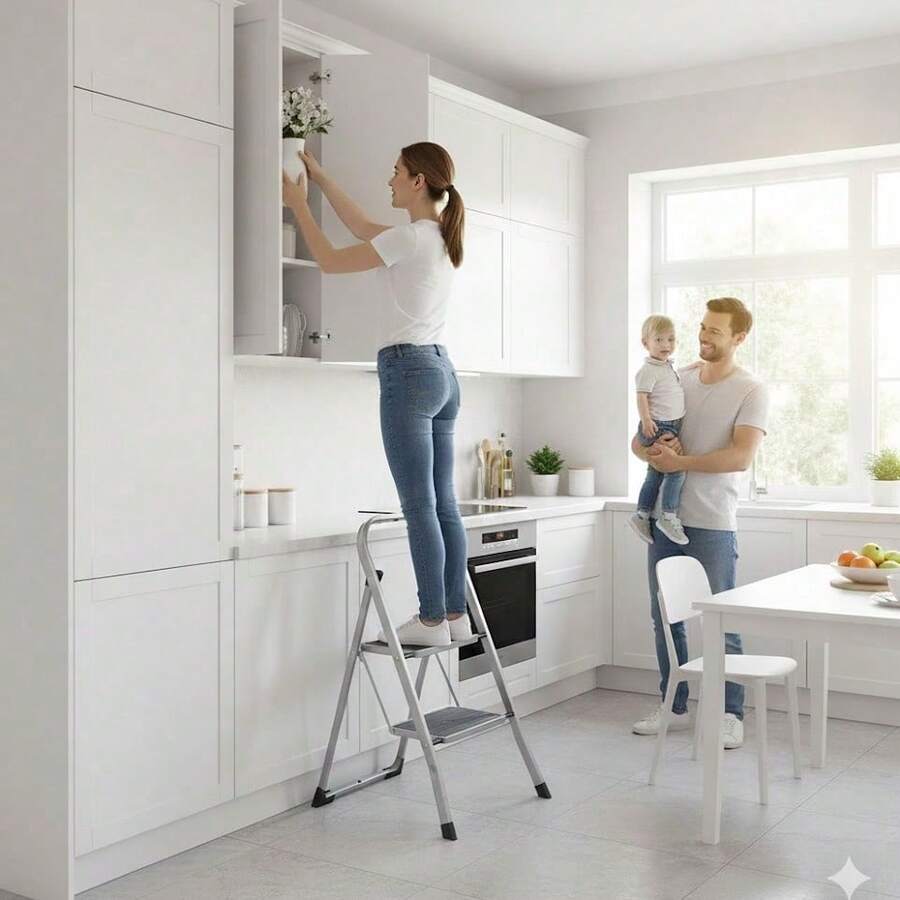 2-Step Folding Step Stool, Steel Frame Household Stool, Non-Slip Footpad, Compact & Sturdy, Suitable For Home, Kitchen, Office (Silver/Black) - Cream - View 1