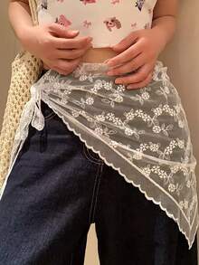 1pc New Arrival Sweet Lace Skirt With Jacquard Mesh Waist Scarf Layered Design Outdoor Triangular Skirt Hem - White - View 5