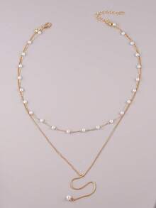 1pc Elegant Faux Pearl Y-Shaped Multi-Layer Necklace, Graceful Style, Suitable For Women To Wear To Work, Dates, Parties And Gatherings - Yellow Gold - View 6