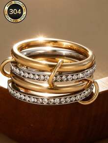 Znice 2026 New 304 Stainless Steel 18K Gold Plated Stackable Ring Set, Women's, Four-Leaf Flower And Spiral Fully Paved Rings, Hypoallergenic Minimalist Jewelry, Perfect Mother's Day Gift, Summer Vacation Accessory - Gold - View 9