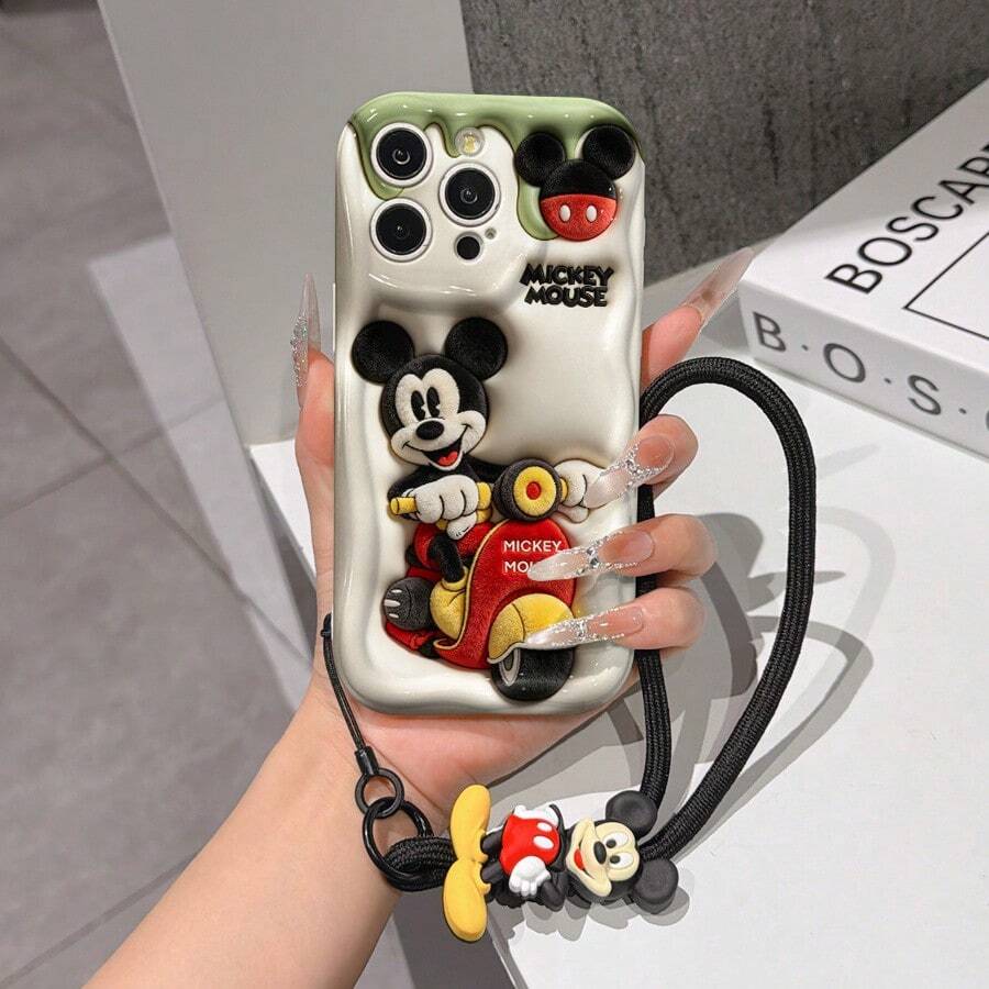 Disney Mickey Mouse Clubhouse Phone Case : 3D Fluffy Pattern Border Protector Phone Soft Phone Case With A Free Cute Mickey Bracelet Chain Lanyard, Mickey, Minnie, Goofy, Donald Duck, Daisy Duck, Pluto, For Apple 17 Promax 17 Pro 16 15 14 13 12 11 Pro Max XS Max X XR Soft Cover Summer Phone Case - White - View 1