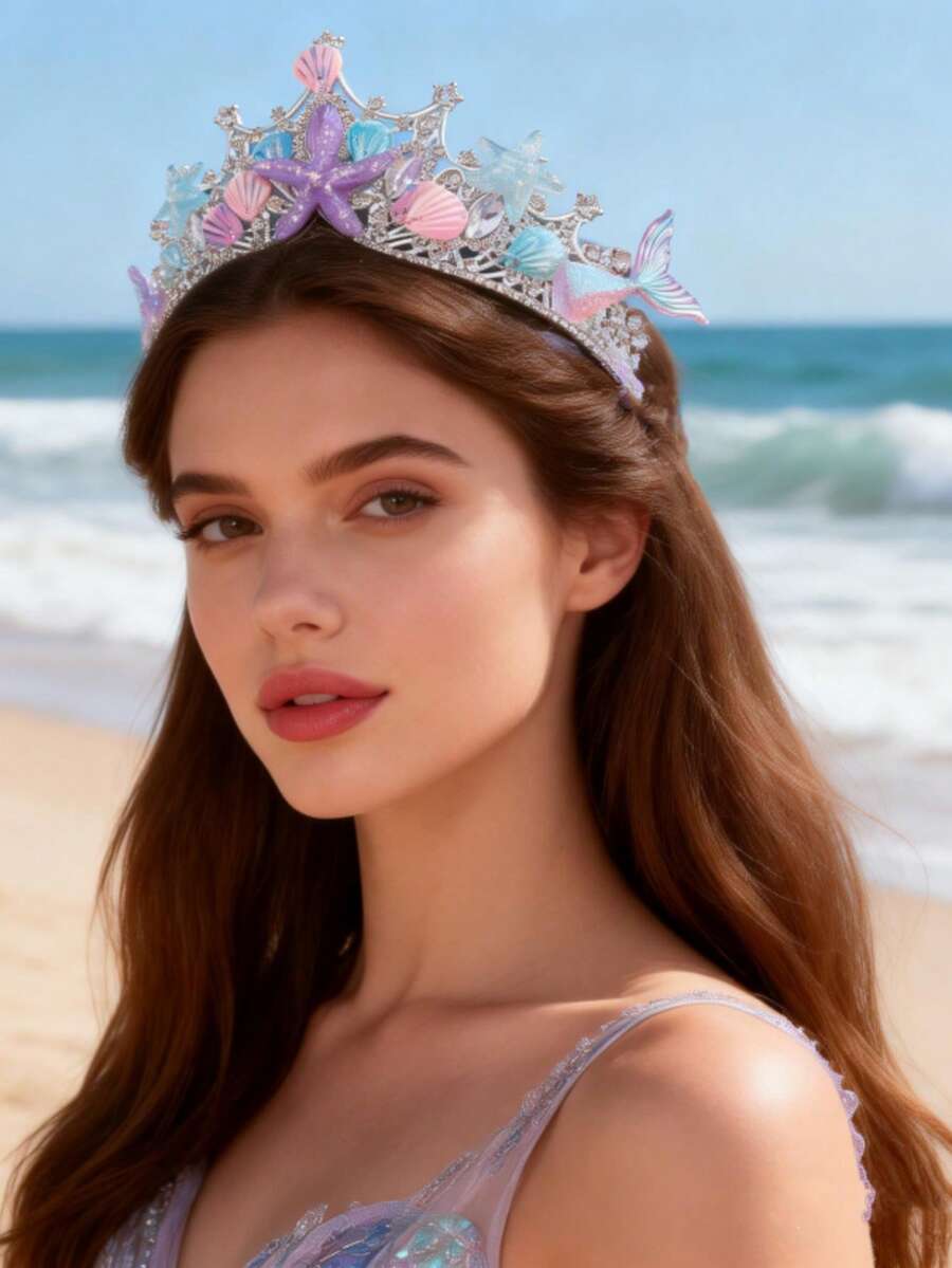 1件手工贝壳水钻皇冠,海洋风美人鱼尾巴皇冠,度假拍照道具,生日派对头饰 - 彩色 - 查看 1