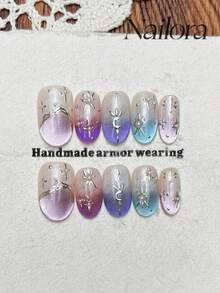 10pcs Handmade Oval Press-On Nails, Short Acrylic Fake Nails, Pink Purple Blue Cat Eye Irregular Line Star Moon Pearl Nail Art, Summer DIY Nails For Party, Daily, Date, Vacation, Women Girls Gift Nail Supplies - Multicolor - View 7