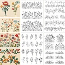 4 piezas Juego de patrones de bordado floral, papel estabilizador autoadhesivo y soluble en agua con hilo de bordado y aguja, adecuado para manualidades DIY - A - Ver 10