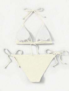 Women's Simple Solid Color Swim Bikini With A Halter Neck Tie And Cutout, Suitable For Beach Vacations And Summer. - 貝斯 - 查看 2