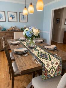 1Pc Bohemian Moroccan Floral Geometric Pattern Table Runner, Vintage Polyester Tablecloth Table Runner, Rectangular Long Table Cover With Ornate Tile Motif, Elegant Decorative Dining Table Runner, Anti-Fade Washable Durable Fabric Table Cover For Kitchen Dining Room Coffee Table Party Wedding Holiday Decor - Multicolor - View 3