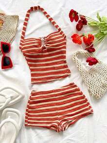 Conjunto Casual de 2 Piezas para Mujer: Top Halter a Rayas y Shorts para Vacaciones - Naranja - Ver 4