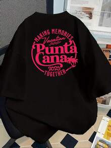 |   Diseño exquisito |   Suelto y cómodo |   Fácil de combinar | Camiseta estampada de manga corta con diseños en la parte delantera y trasera - Putuqana Resort, vacaciones 2025 - Camiseta estampada de moda para mujer, primavera/verano, ¡tu mejor elección! - Negro - Ver 2