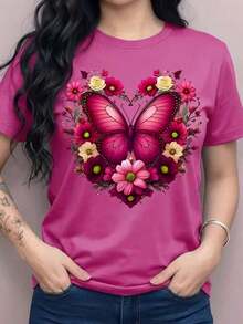 Women's Graphic Print T-Shirt With Butterfly, Magenta Heart, Flowers, Roses, Daisies, Spring/Summer, Round Neck, Short Sleeves, Casual Wear, Day/Night, Loose Fit - 紅色 - 查看 1