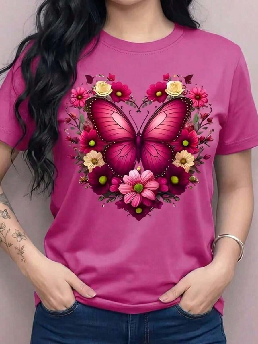 Women's Graphic Print T-Shirt With Butterfly, Magenta Heart, Flowers, Roses, Daisies, Spring/Summer, Round Neck, Short Sleeves, Casual Wear, Day/Night, Loose Fit - 紅色 - 查看 1