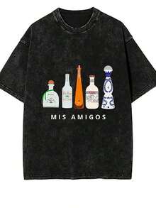 Camiseta Mis Amigos, Camiseta Tequila, Camiseta Divertida Tequila 334817, Camiseta Vintage Lavada y Desgastada con Estampado Batik, Camiseta Gráfica de Manga Corta para Hombre, Ropa Diaria para Hombres y Mujeres, 100% Algodón, Camisetas con Estampados - Negro - Ver 6