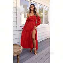 Bohemian Off Shoulder Ruched Side Slit Long Dress Summer Sexy Holiday Beach Casual Wear - Pink - View 4