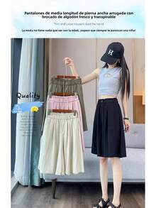 Pantalones cortos anchos de seda helada para mujer, novedad de verano, pantalones casuales sueltos de cinco cuartos, pantalon... - blanco lima - Ver 4