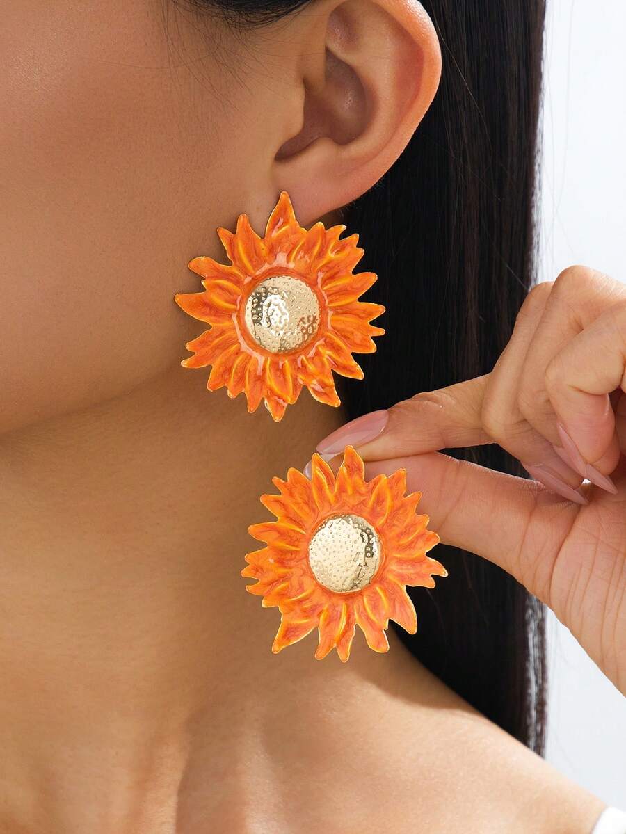 1 Pair Fashionable Versatile Handmade Orange Sunflower Earrings, Vibrant Summer Beach Style - Orange - View 1