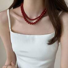 1pc Minimalist Retro Flattering Ankola Red Beaded Necklace, Elegant Choker Necklace, Versatile Styling For Women's Daily Or Vacation Wear - Beaded Necklace - View 1