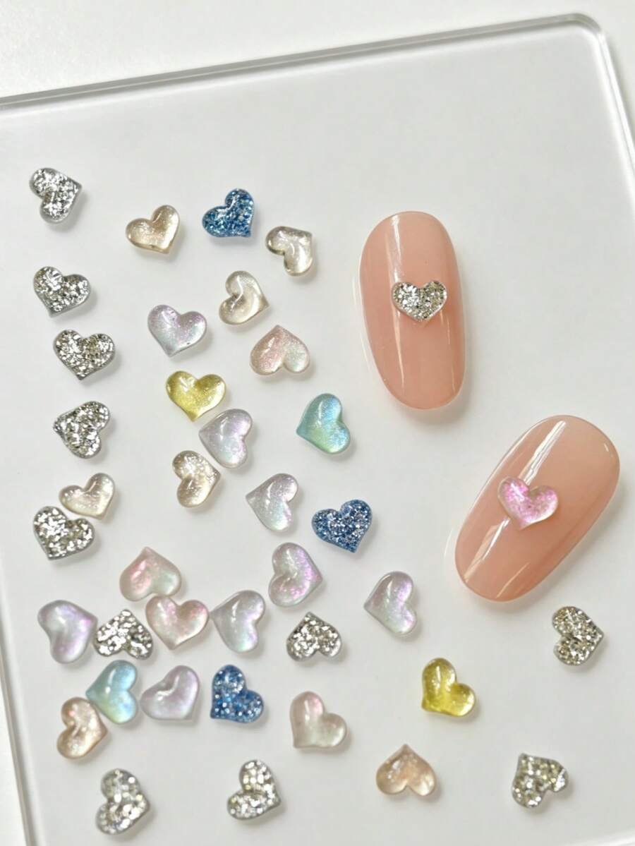 50入亮片愛心美甲飾品，Y2K混色閃亮美甲配件，美甲裝飾DIY美甲裝飾美甲寶石