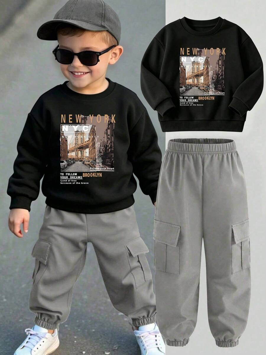Young Boy Cartoon Print Crew Neck Long Sleeve Top And Cargo Pants Set - Black - View 1
