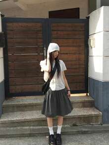 黑色复古褶皱泡泡及膝休闲女裙 - 深灰色 - 查看 4