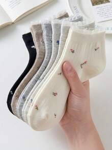1/5 Đôi tất nữ cổ thấp họa tiết hoa lá ngẫu nhiên và màu trơn, viền ren, mềm mại, thoải mái, thoáng khí, đa năng cho mặc hàng ngày, mọi mùa. - Nhiều màu - Xem 3