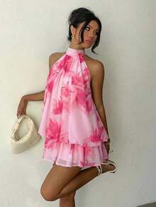 Elegant Women's Mini Dress With Halter Neck And Bow In Light Yellow - 淡粉紅色 2 - 查看 1