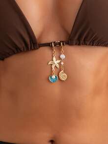 2pcs Creative Sexy Gold Starfish & Shell Pendant Body Chain, Minimalist Gold Body Jewelry, Suitable For Girls, Delicate Summer Beach Resort Accessory, Sexy Bikini Chain, Elegant Party Jewelry, Also Suitable As Gift For Friends. Suitable For Women. - Golden - View 7