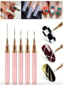 5pcs Nail Art Liner Brush Set, Fine Line Striping Nail Brushes, UV Gel Painting Pens, Nail Design Brushes For Detailed Lines, Complex Patterns And Exquisite Nail Art, Suitable For Beginners, Nail Salons, DIY Home Use, Ideal For French Manicure - Baby Pink - View 5
