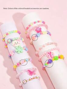 3pcs/Set Girls Cute Flower & Heart Charm Bracelet Jewelry Set, Beaded Children's Bracelet Accessories, Random Color, Suitable For Girls Party Gifts - one-size - View 8
