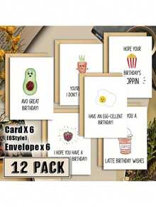 12 pezzi Biglietti d'auguri per compleanno a tema alimentare divertente con buste, caratterizzati da giochi di parole, disegni ad acquerello, realizzati in carta, in stile verticale, perfetti per regali di gruppo a familiari e amici, biglietti di compleanno - Multicolore - Visualizzare 6
