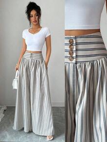 Nuevos pantalones anchos de mujer de estilo casual y elegante con diseño de hebilla floral, pantalones largos de lino de color caqui adecuados para primavera/verano, Acción de Gracias, Halloween, pantalones anchos y sueltos versátiles, pantalones - Multicolor - Ver 6